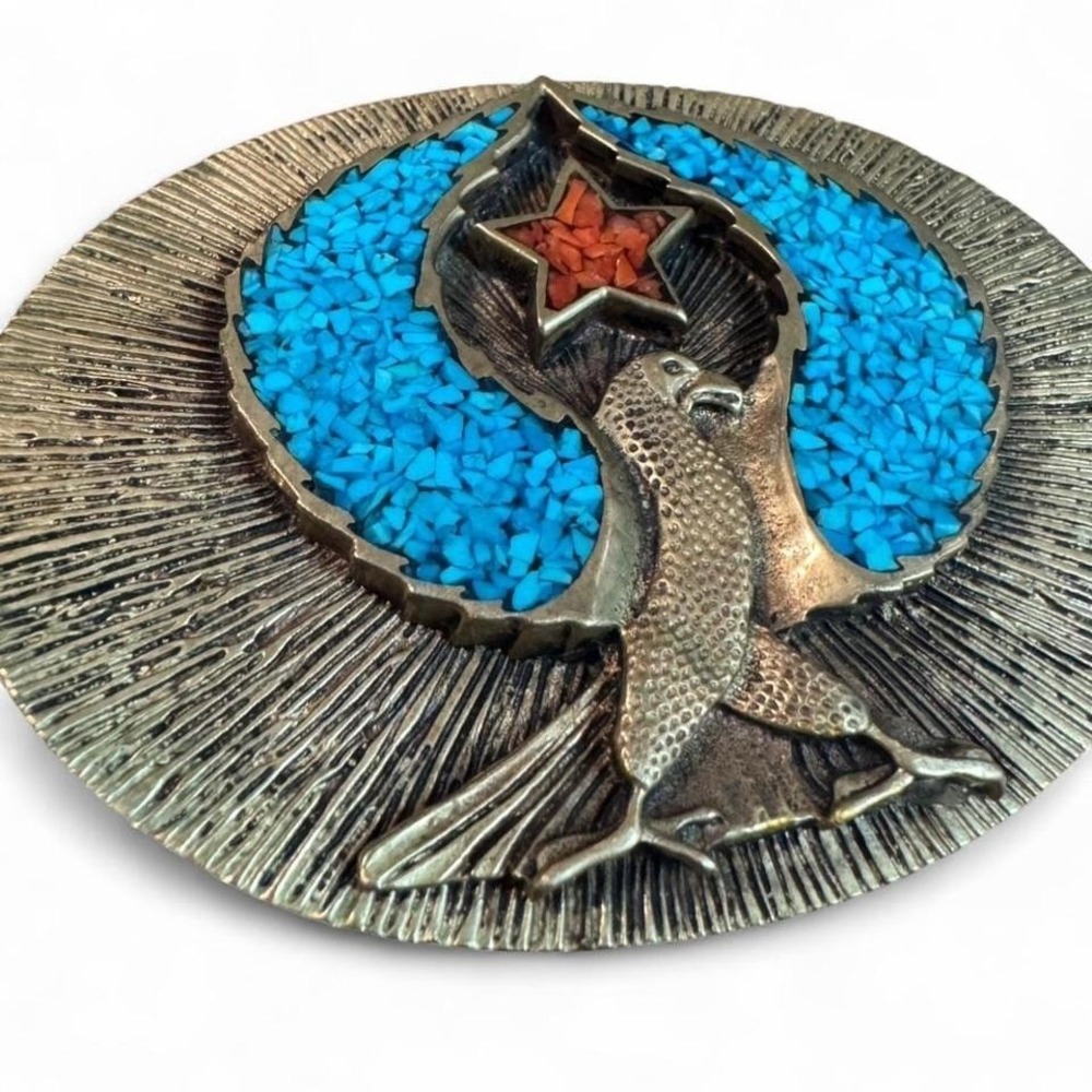 Vintage American Indian Eagle or Phoenix Bird Star Brass & Turquoise Belt Buckle - Picture 4 of 8